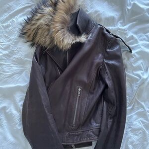 Brown Leather Jacket with Faux Fur Collar